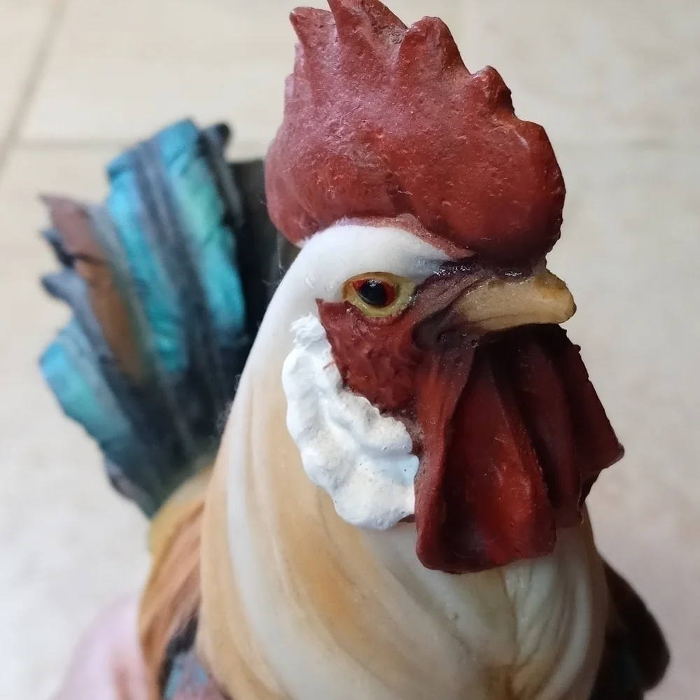 Farm decor rooster with sunflowers and a beautiful blue tail